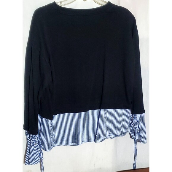 Layered Look Pinstriped Sweater Size L Mixed Media Wrist Tie Detail Chic - Picture 3 of 16